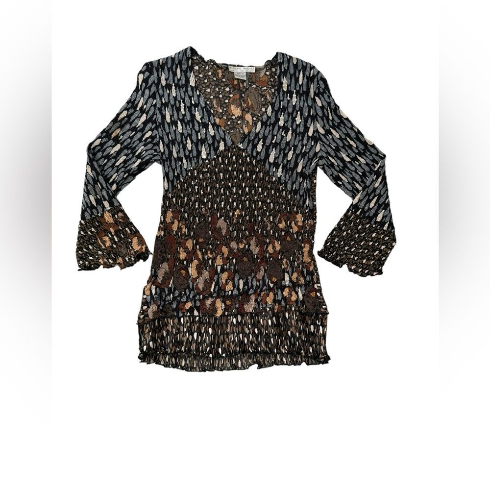 Alberto Makali Crinkled V-Neck Pullover Blouse Layered Floral 3/4 Sleeves Size M